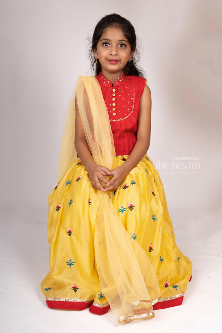 The Nesavu Lehenga & Ghagra Yellow Embroidery Lehenga With Red Pin-Tucked Collar Top psr silks Nesavu 14 (6M) / Red GL190