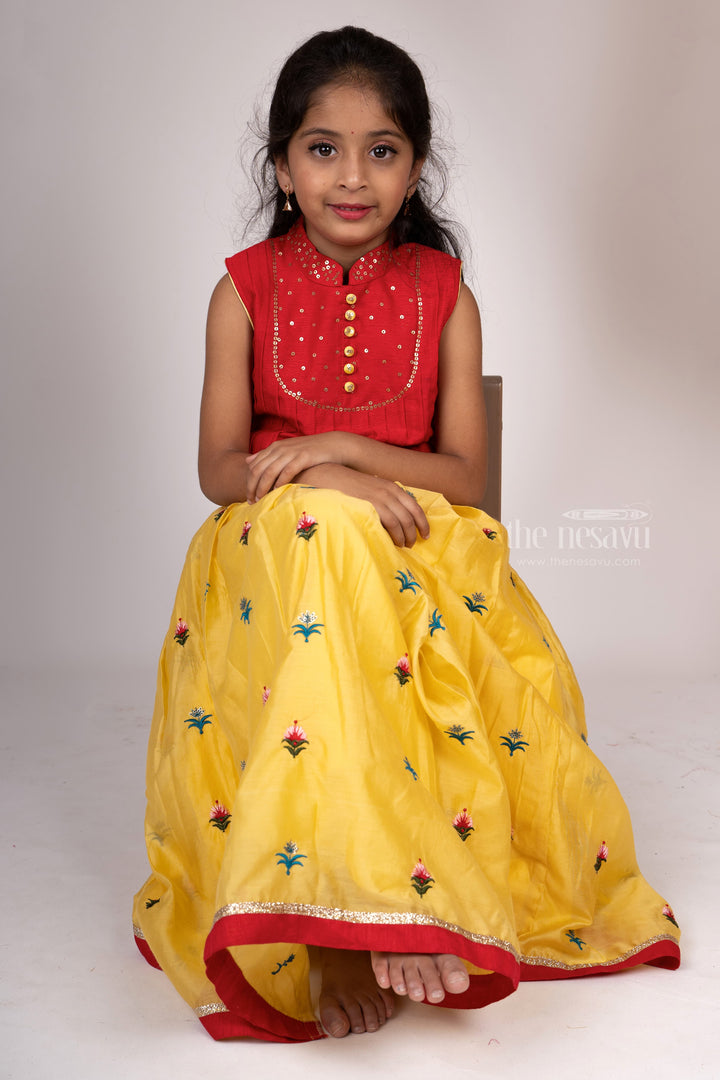 The Nesavu Lehenga & Ghagra Yellow Embroidery Lehenga With Red Pin-Tucked Collar Top psr silks Nesavu