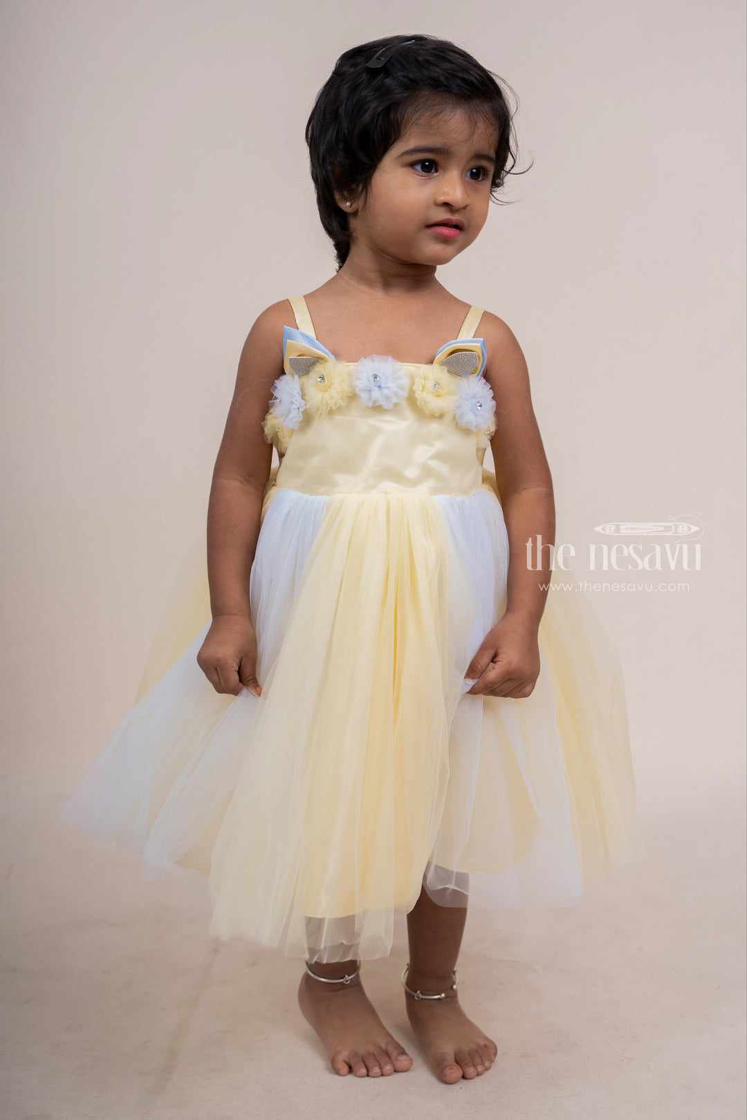 The Nesavu Party Frock Yellow With White Stylish Soft Net Party Gown For Baby Girls psr silks Nesavu 16 (1Y) / Yellow PF74D